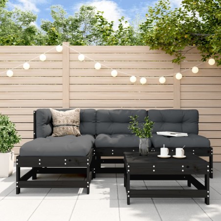 vidaXL Juego de muebles de jardín 5 pzas y cojines madera maciza negro
