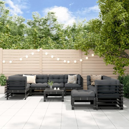vidaXL Juego de muebles jardín 10 pzas y cojines madera maciza negro