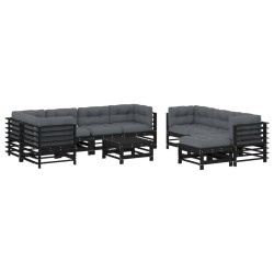 vidaXL Juego de muebles jardín 10 pzas y cojines madera maciza negro