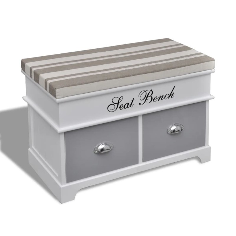 Banco baúl de madera y cojin gris, con cajones Banco baúl de madera y cojin gris, con cajones