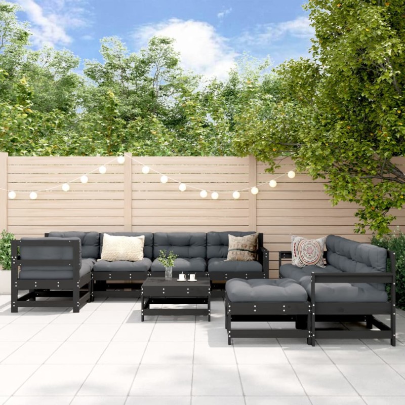 vidaXL Juego de muebles jardín 10 pzas y cojines madera maciza negro vidaXL Juego de muebles jardín 10 pzas y cojines madera maciza negro