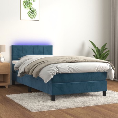 vidaXL Cama box spring colchón y LED terciopelo azul oscuro 100x200 cm
