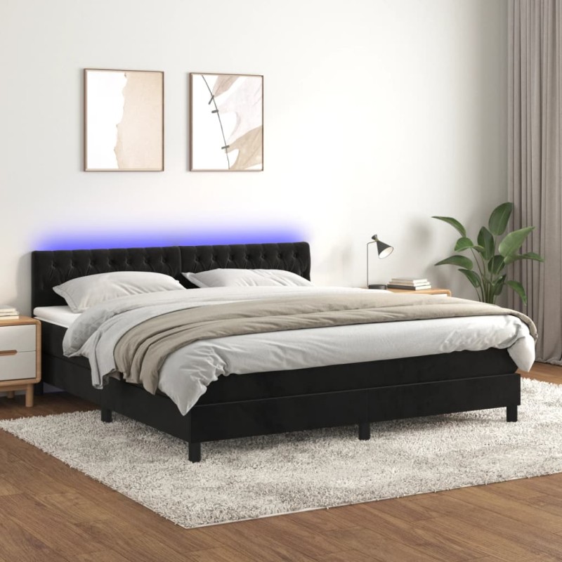 vidaXL Cama box spring colchón y LED terciopelo negro 180x200 cm