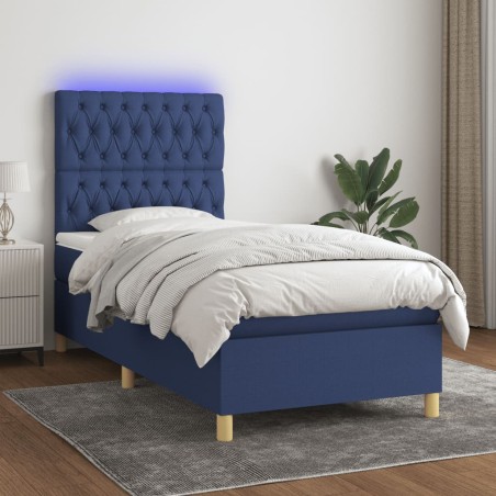 vidaXL Cama box spring colchón y luces LED tela azul 100x200 cm