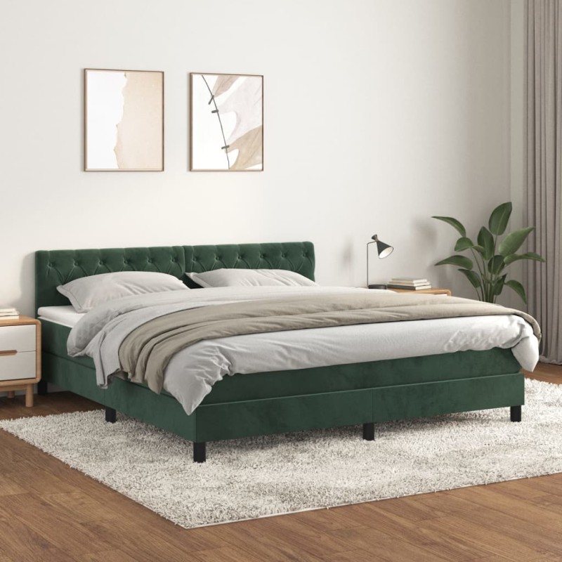 vidaXL Cama box spring con colchón terciopelo verde oscuro 160x200 cm
