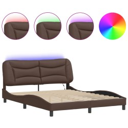 vidaXL Estructura de cama con luces LED cuero PE marrón 160x200 cm
