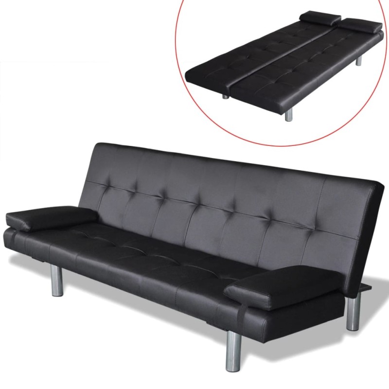 vidaXL Sofá cama con dos cojines cuero artificial ajustable negro vidaXL Sofá cama con dos cojines cuero artificial ajustable negro