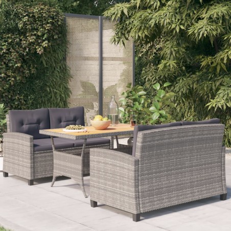 vidaXL Set de comedor jardín 3 piezas con cojines ratán sintético gris