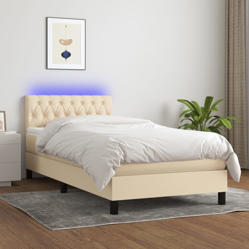 vidaXL Cama box spring colchón y luces LED tela crema 100x200 cm vidaXL Cama box spring colchón y luces LED tela crema 100x200 cm
