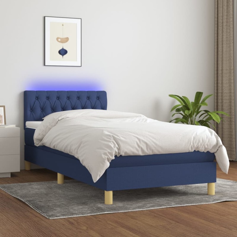 vidaXL Cama box spring con colchón y LED tela azul 100x200 cm vidaXL Cama box spring con colchón y LED tela azul 100x200 cm