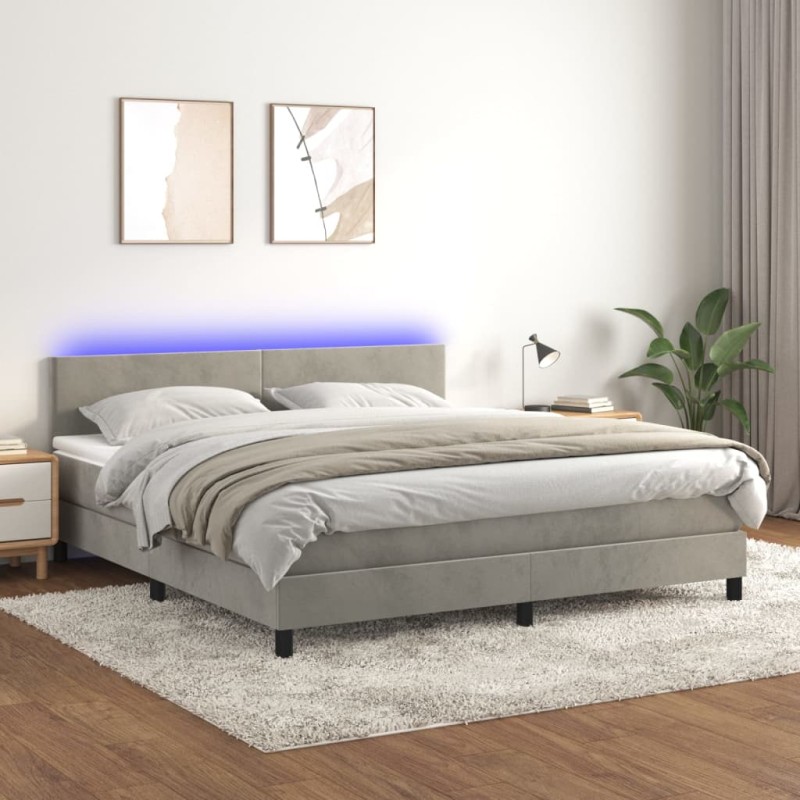vidaXL Cama box spring colchón y LED terciopelo gris claro 160x200 cm vidaXL Cama box spring colchón y LED terciopelo gris claro 160x200 cm