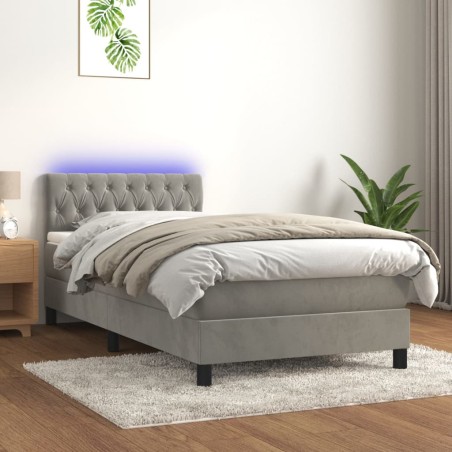 vidaXL Cama box spring colchón y LED terciopelo gris claro 90x190 cm