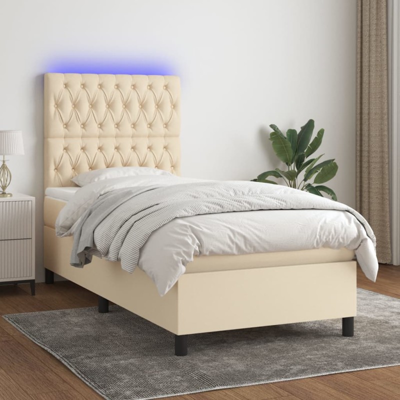 vidaXL Cama box spring colchón y luces LED tela color crema 90x190 cm vidaXL Cama box spring colchón y luces LED tela color crema 90x190 cm