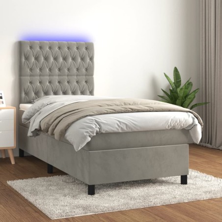 vidaXL Cama box spring colchón y LED terciopelo gris claro 90x190 cm