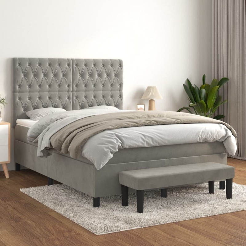 vidaXL Cama box spring con colchón terciopelo gris claro 140x200 cm vidaXL Cama box spring con colchón terciopelo gris claro 140x200 cm