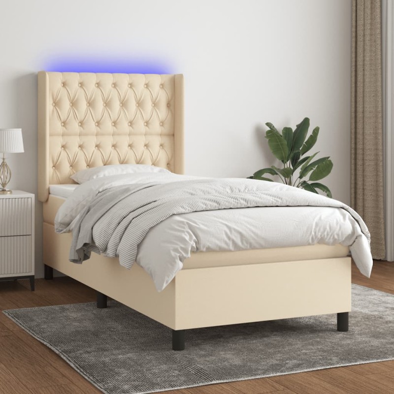 vidaXL Cama box spring colchón y luces LED tela color crema 90x190 cm vidaXL Cama box spring colchón y luces LED tela color crema 90x190 cm