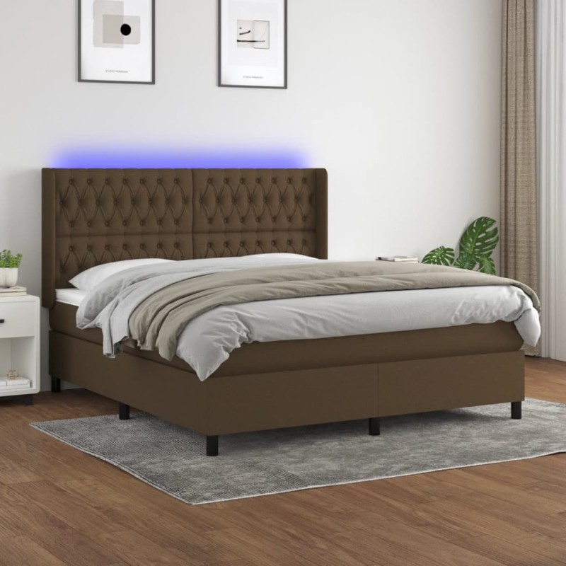 vidaXL Cama box spring colchón luces LED tela marrón oscuro 180x200cm vidaXL Cama box spring colchón luces LED tela marrón oscuro 180x200cm