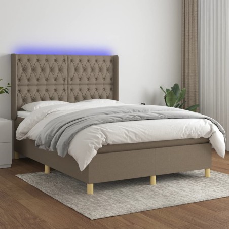 vidaXL Cama box spring colchón y luces LED tela gris taupe 140x190 cm