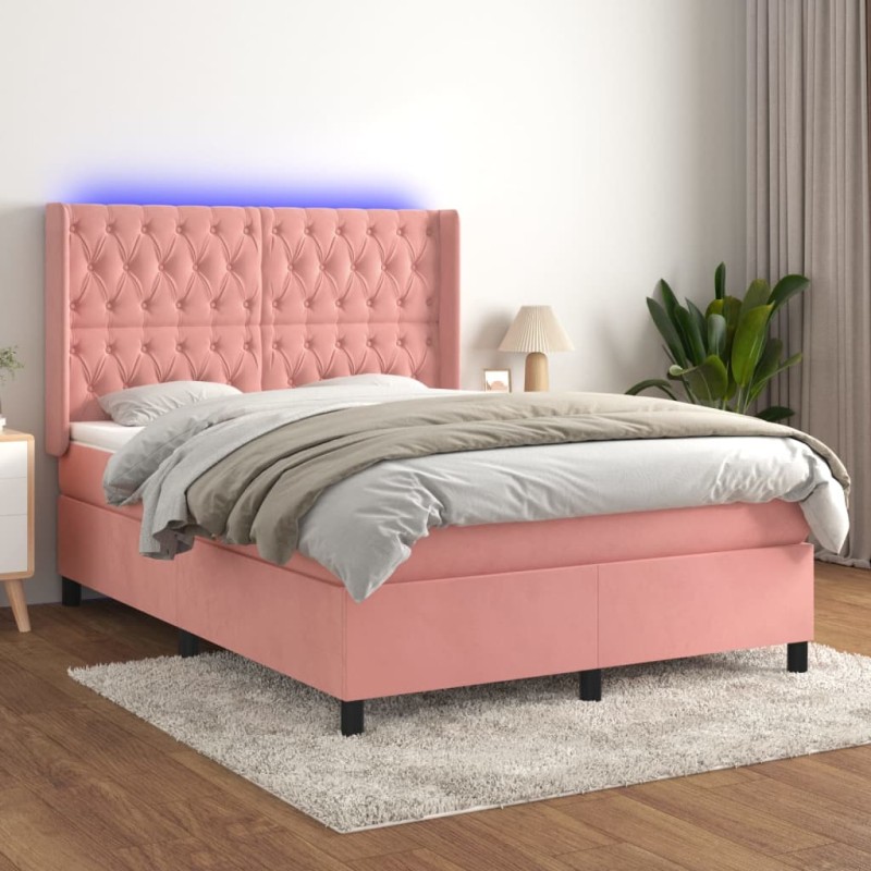 vidaXL Cama box spring colchón y LED terciopelo rosa 140x190 cm vidaXL Cama box spring colchón y LED terciopelo rosa 140x190 cm