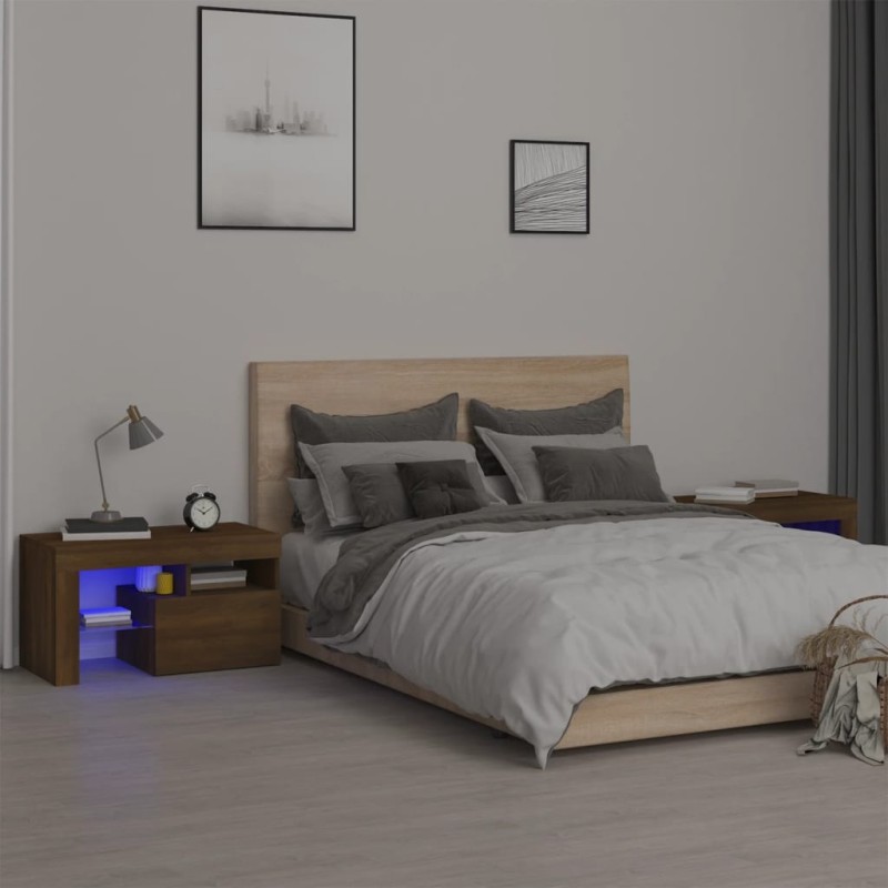 vidaXL Mesitas de noche con luces LED 2 uds roble marrón 70x36,5x40cm vidaXL Mesitas de noche con luces LED 2 uds roble marrón 70x36,5x40cm