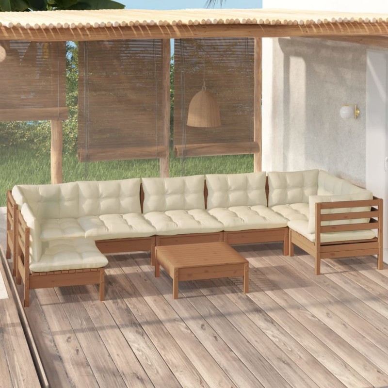 vidaXL Muebles de jardín 8 pzas y cojines madera de pino marrón miel vidaXL Muebles de jardín 8 pzas y cojines madera de pino marrón miel