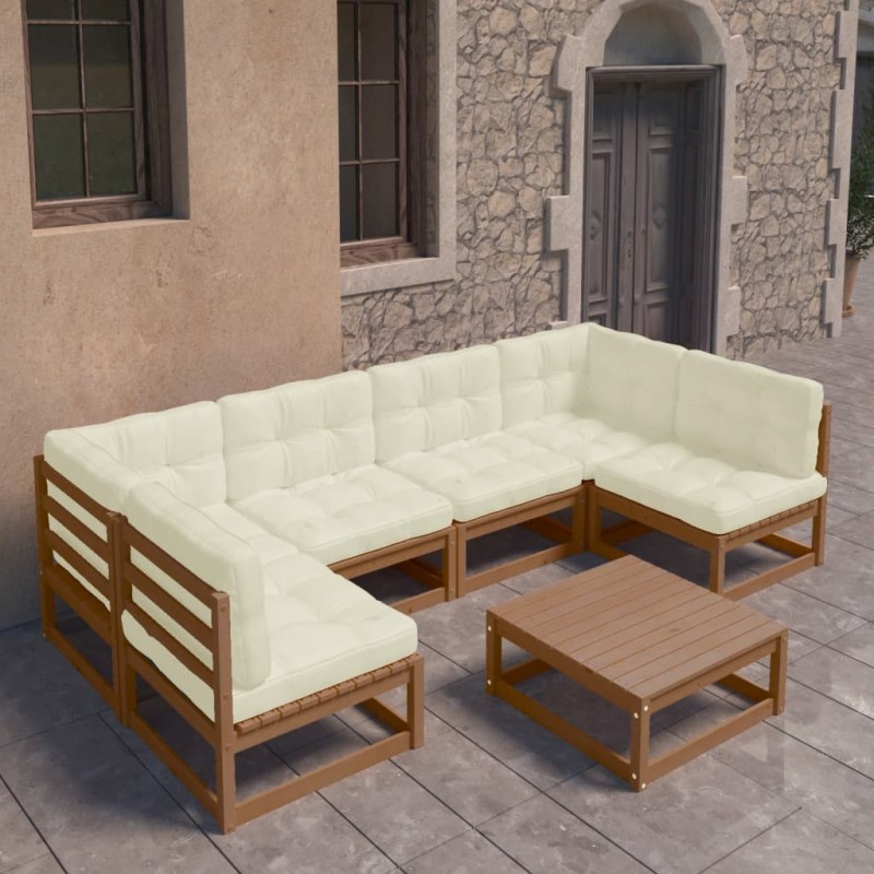vidaXL Set de muebles de jardín 7 pzs cojines madera pino marrón miel vidaXL Set de muebles de jardín 7 pzs cojines madera pino marrón miel