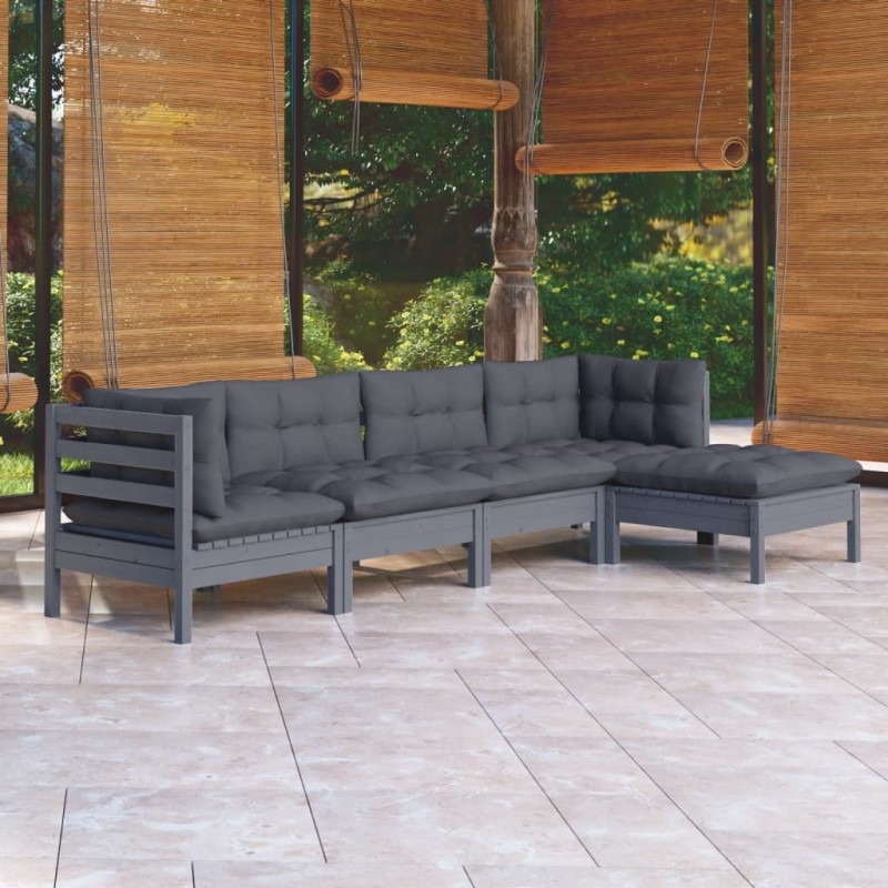 vidaXL Juego de muebles de jardín 5 pzas y cojines madera pino gris vidaXL Juego de muebles de jardín 5 pzas y cojines madera pino gris