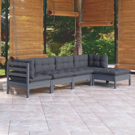 vidaXL Juego de muebles de jardín 5 pzas y cojines madera pino gris