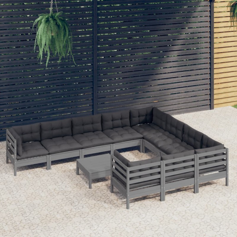 vidaXL Muebles de jardín 11 pzas y cojines gris madera de pino vidaXL Muebles de jardín 11 pzas y cojines gris madera de pino