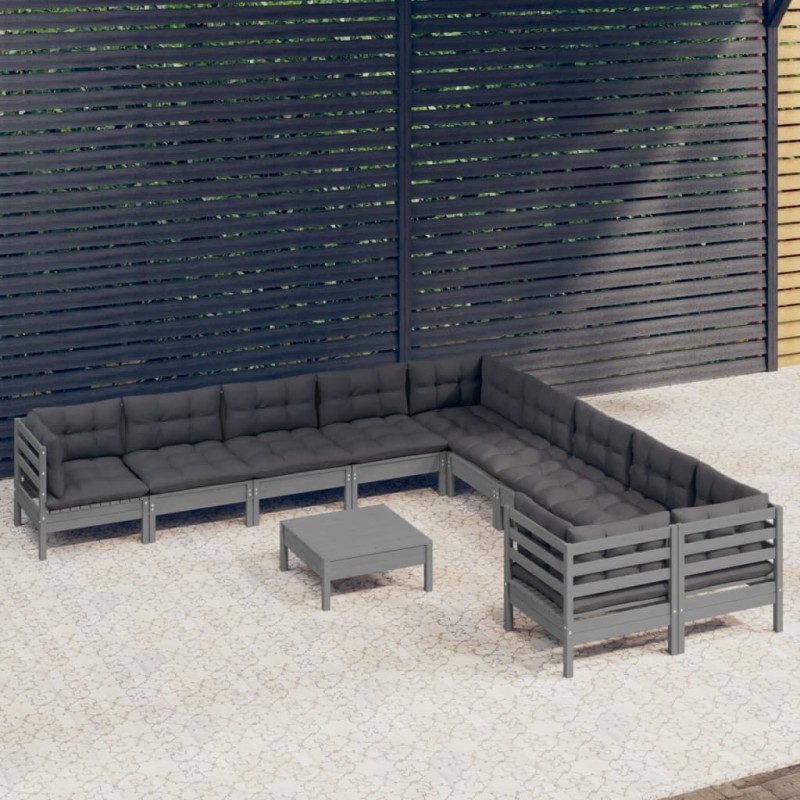 vidaXL Muebles de jardín 11 pzas y cojines gris madera de pino vidaXL Muebles de jardín 11 pzas y cojines gris madera de pino