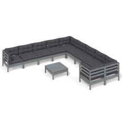 vidaXL Muebles de jardín 11 pzas y cojines gris madera de pino
