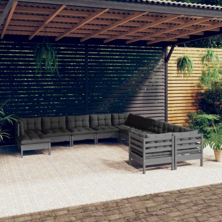 vidaXL Muebles de jardín 11 pzas y cojines gris madera de pino