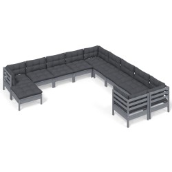 vidaXL Muebles de jardín 11 pzas y cojines gris madera de pino