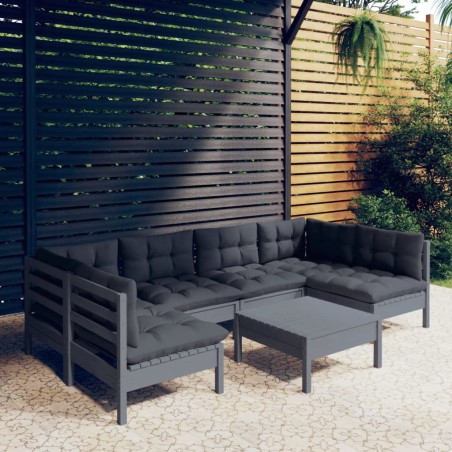 vidaXL Muebles de jardín 7 pzas y cojines gris madera maciza de pino