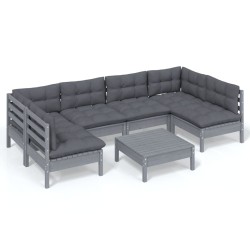 vidaXL Muebles de jardín 7 pzas y cojines gris madera maciza de pino