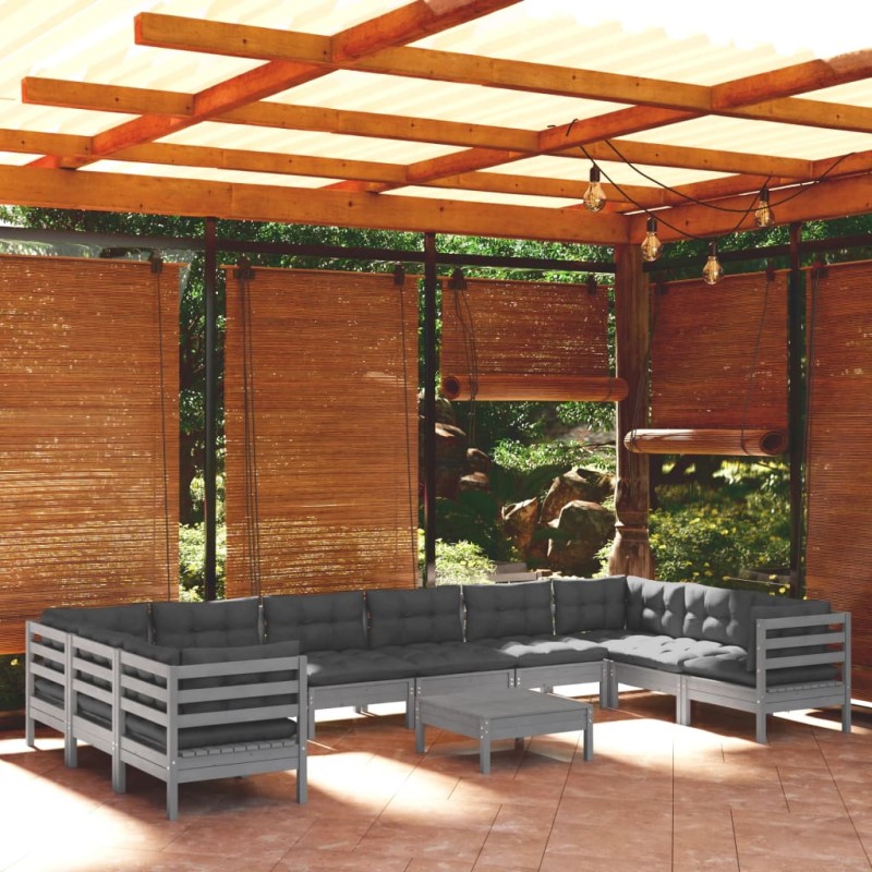vidaXL Muebles de jardín 11 pzas y cojines madera de pino gris vidaXL Muebles de jardín 11 pzas y cojines madera de pino gris