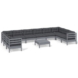vidaXL Muebles de jardín 11 pzas y cojines madera de pino gris