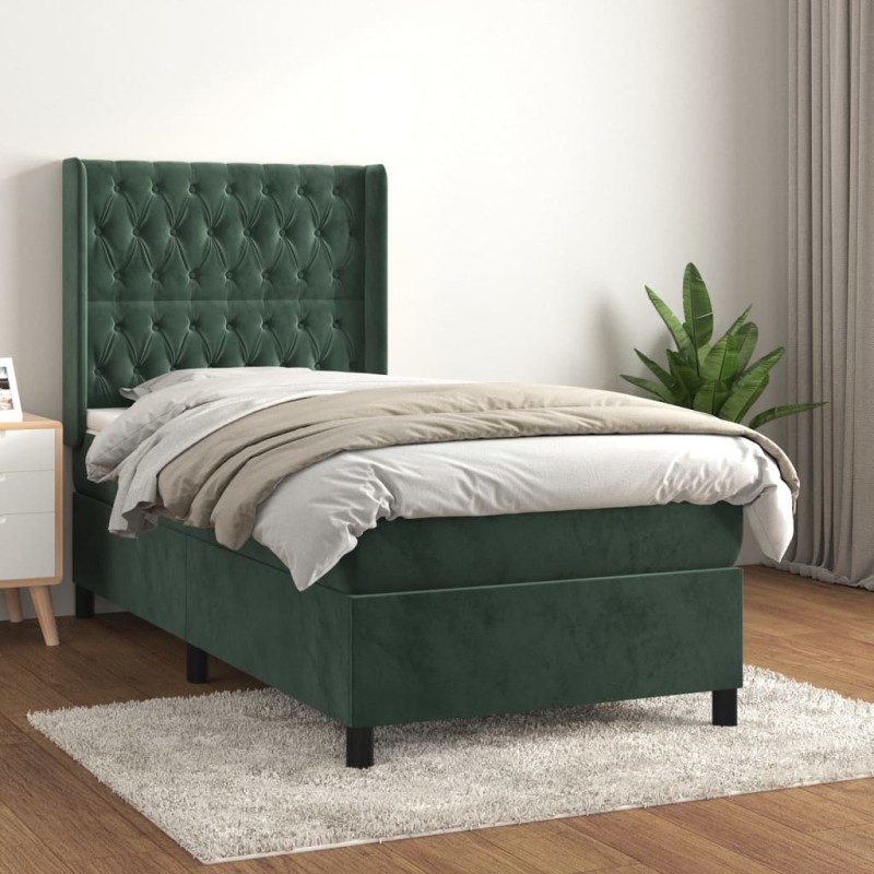 vidaXL Cama box spring con colchón terciopelo verde oscuro 90x200 cm vidaXL Cama box spring con colchón terciopelo verde oscuro 90x200 cm