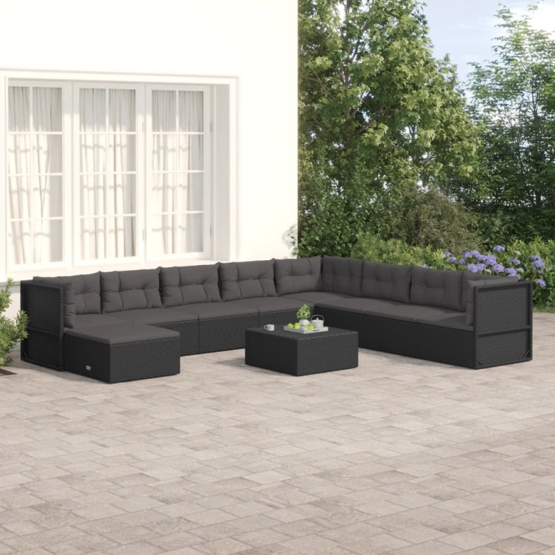 vidaXL Set de muebles de jardín 9 pzas y cojines ratán sintético negro vidaXL Set de muebles de jardín 9 pzas y cojines ratán sintético negro