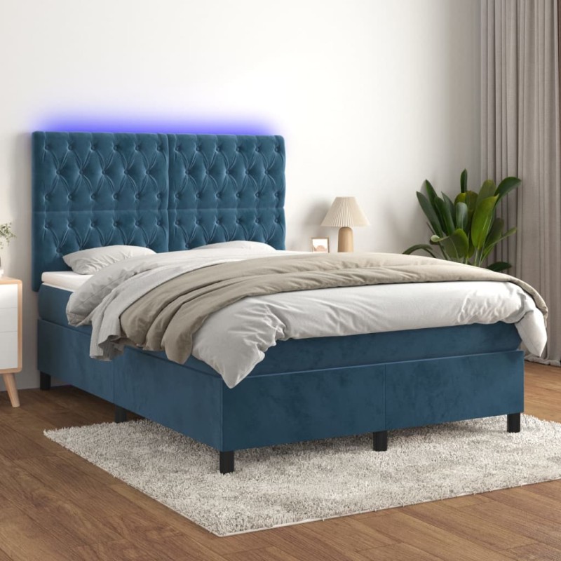 vidaXL Cama box spring colchón y LED terciopelo azul oscuro 140x190 cm vidaXL Cama box spring colchón y LED terciopelo azul oscuro 140x190 cm