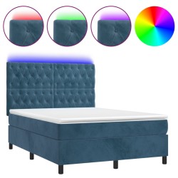 vidaXL Cama box spring colchón y LED terciopelo azul oscuro 140x190 cm