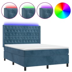 vidaXL Cama box spring colchón y LED terciopelo azul oscuro 140x200 cm