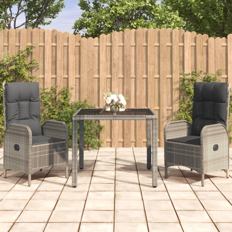 vidaXL Set comedor de jardín 3 piezas con cojines ratán sintético gris
