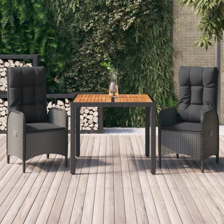 vidaXL Set comedor de jardín 3 pzas con cojines ratán sintético negro