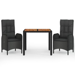 vidaXL Set comedor de jardín 3 pzas con cojines ratán sintético negro