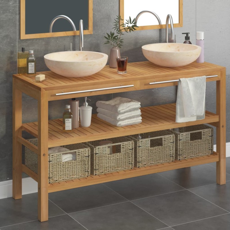 vidaXL Mueble tocador madera maciza teca con lavabos de mármol crema vidaXL Mueble tocador madera maciza teca con lavabos de mármol crema