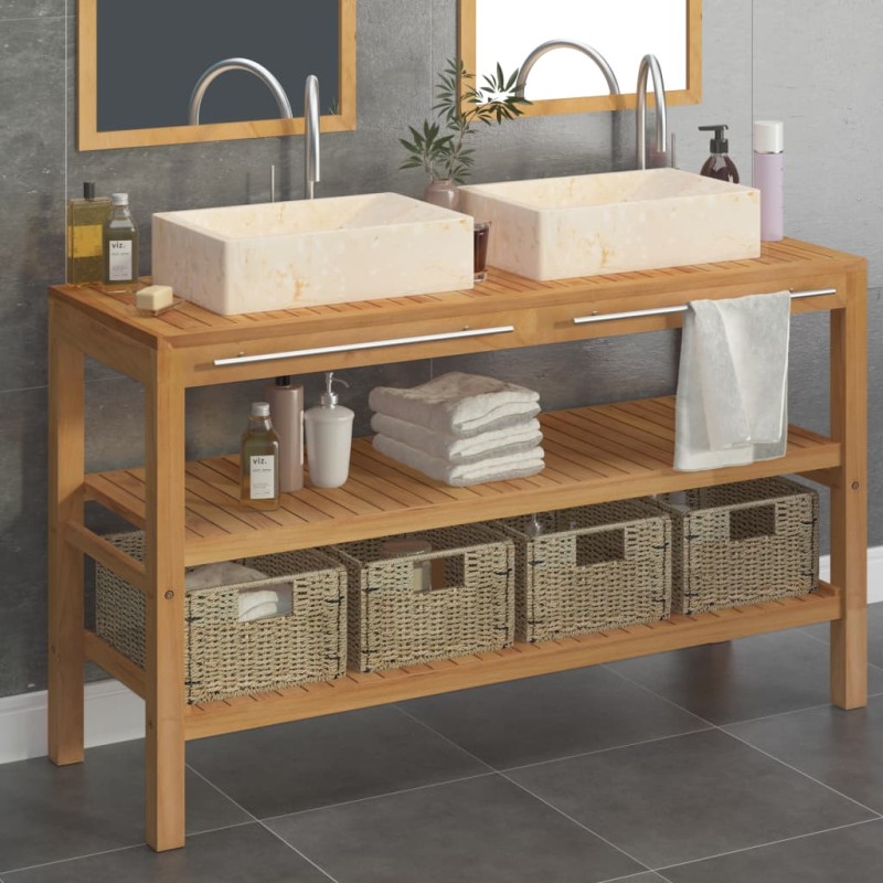 vidaXL Mueble tocador madera maciza teca con lavabos de mármol crema 