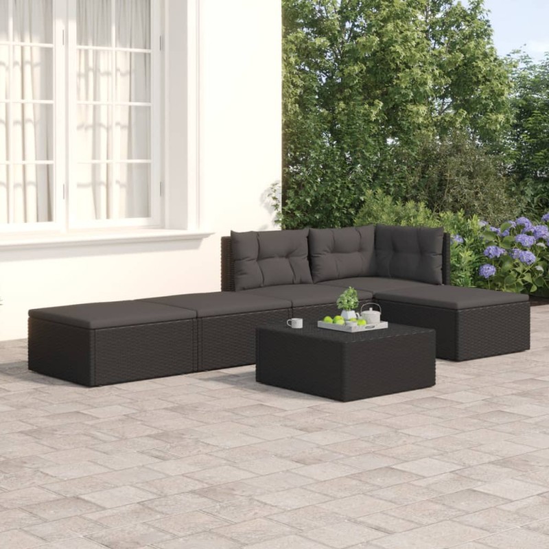 vidaXL Set de muebles de jardín 5 pzas y cojines ratán sintético negro vidaXL Set de muebles de jardín 5 pzas y cojines ratán sintético negro