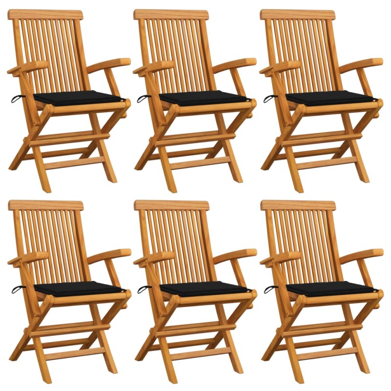 vidaXL Sillas de jardín 6 uds madera maciza de teca con cojines negros