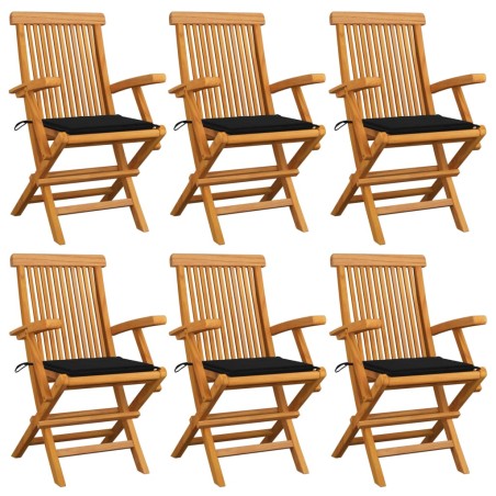 vidaXL Sillas de jardín 6 uds madera maciza de teca con cojines negros